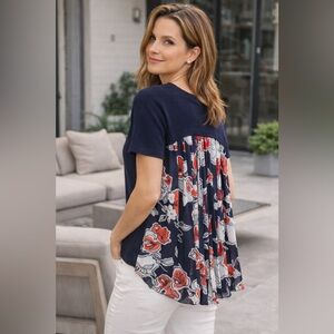 Grey Jason Wu knit top featuring a dramatic pleated floral chiffon back.